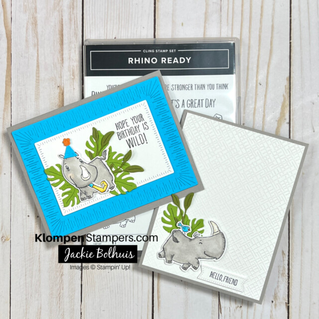 Two handmade cards are designed with rhino ready, and both cards sit on top of the rhino ready stamp set. 1 card is a birthday card, the card base is grey and has a blue boarder layered on top. The rhino has on a blue birthday hat and the card reads "hope your birthday is wild!" The second card has a grey base with a white textured layer on top. The rhino has a little blue bird standing on his back and the card reads, "hello, friend."