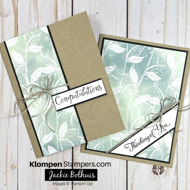 2 designer series paper cards laying flat with the sentiments on them that say congratulations and thinking of you. Designer series paper is a blue and green floral design on a tan card base.