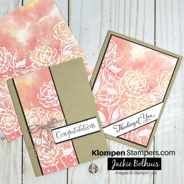 2 handmade greeting cards made using a 6x6 piece of Designer Series Paper (DSP) by Stampin' Up! and cutting it using a diagram to have 2 different size pieces for the cards. Cards sentiments on them, 1 says thinking of you and the other congratulations. Designer series paper is a pink floral design.