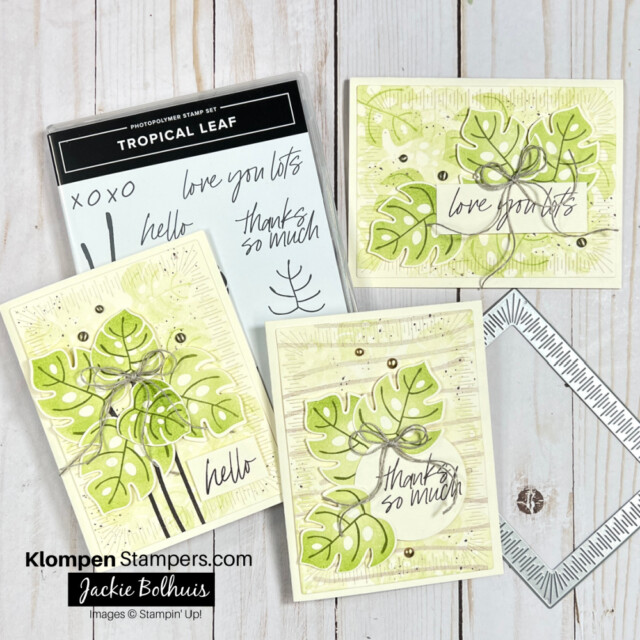 three handmade cards laying flat on a table on top of the Tropical Leaf stamp set from Stampin' Up! Also shown is a die that can be used in a die cutting machine to cut out one of the card stock layers on the cards. These cards are made simple with just stamps ink and paper.