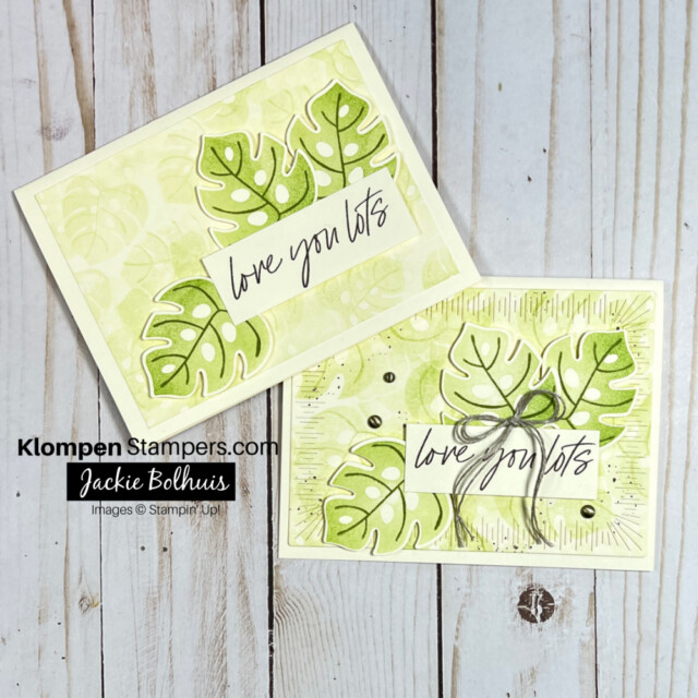two handmade cards created with the Stampin' Up! stamp set Tropical Leaf. Both cards laying flat. One is very simple using only stamps ink and paper, the other card is stepped up with a small bow and three small dots on it as embellishments