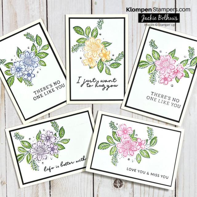 all occasion handmade greeting cards using the Petal Park stamp set from stampin up. Each one has 3 flowers, each in a different color, along with lots of green leaves