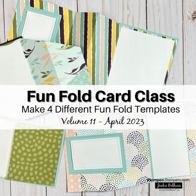 Four fun fold card templates lay on a table, slightly open to see the unique shapes of the cards. There is an overlay over the picture that reads "fun fold card class, make 4 different fun fold templates, volume 11, April 2023."