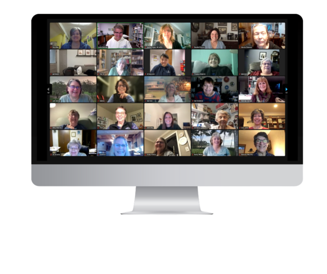 computer screen showing 25 different Klompen Stampers Demonstrator Team members on a zoom sharing card making ideas with each other. Another benefit if you become a Stampin' Up! Demonstrator is opportunities to gather with crafting friends across the country.
