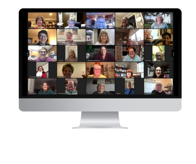 zoom computer screen showing members of the Klompen Stampers demonstrator team sharing card making ideas with each other
