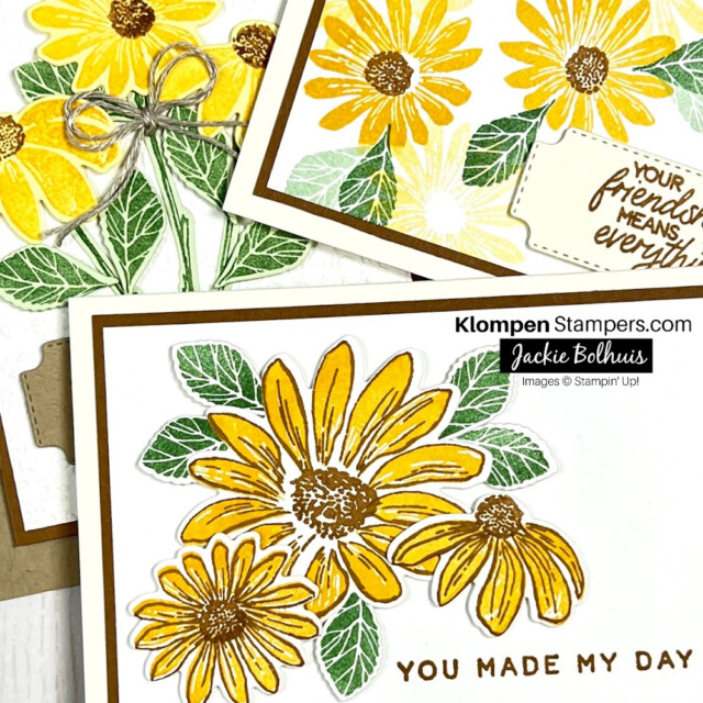 closeup image of three handmade cards made using the Cheerful Daisies stamp set from the Stampin' Up! Annual Catalog