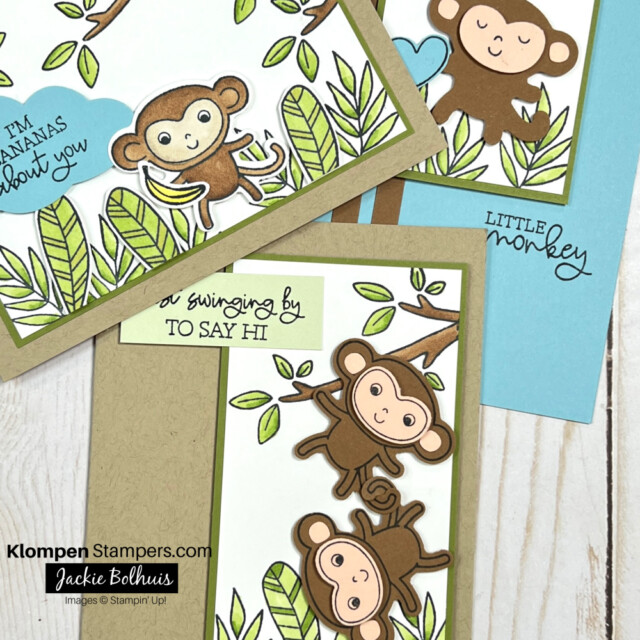 Closeup of three cards made using the new stamp set Little Monkey from the Stampin' Up! Annual Catalog.