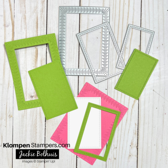 three different dies to card layers of card stock for on your cards.  Shows the dies and what the cardstock looks like when cut out.