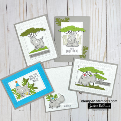 five different handmade cards using the Stampin' Up! stamp set called Rhino Ready and coordinating dies used to cut out the stamped images