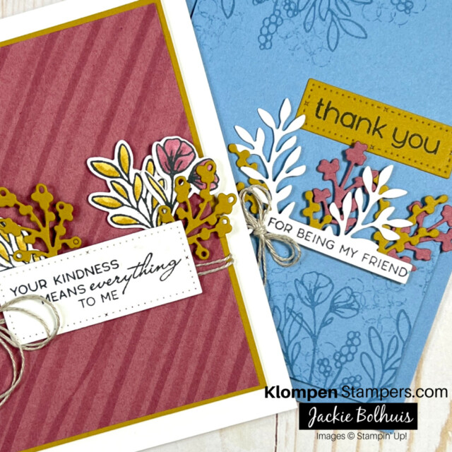 closeup of two cards laying on a table that were made using the Timeless Arrangements stamp set that is in the new Stampin' Up! Annual Catalog.