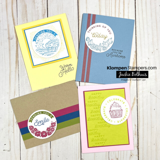 4 greeting cards made with the Stampin' Up! stamp set called Circle Sayings. Each card is a simple designed meant for a new card maker to be able to make themselves. Each card has a stamped image on a white circle that is layered on a card base.