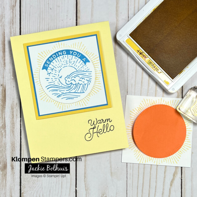 handmade card with the words on it sending you a warm hello and a picture of an ocean wave and sunshine