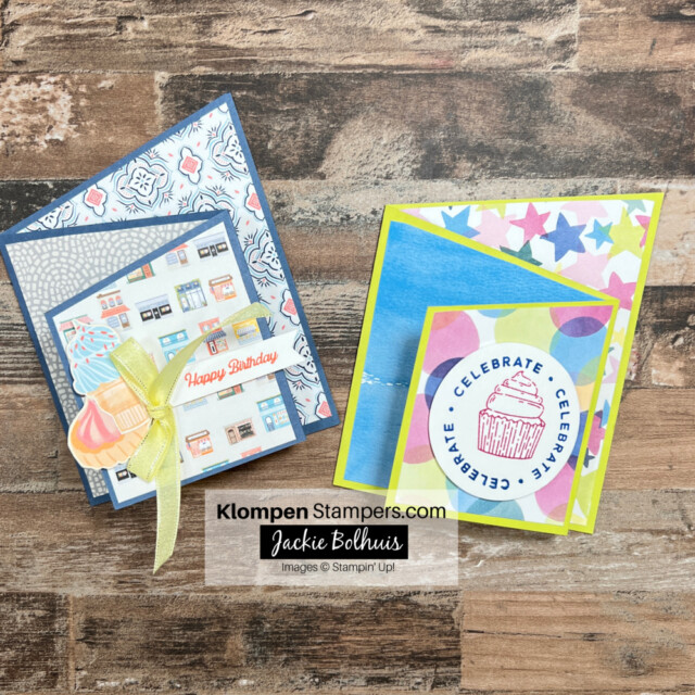 2 handmade cards that are a diagonal fun fold card, but designed with different designer series paper.