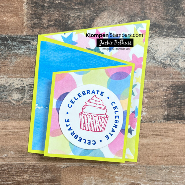 Diagonal fun fold card made using the circle sayings stamp set and the bright and beautiful designer series paper