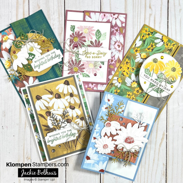 five different handmade fun fold cards created using the Cheerful Daisies stamp set from Stampin' Up! Cards are designed using fun fold card templates that were designed from the video class for the fun fold card instructions.