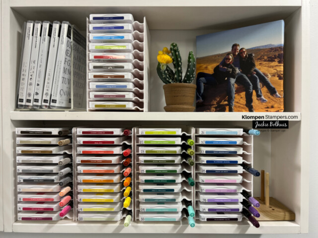 picture showing all 50 stamping ink pads from Stampin' Up! neatly stored in the ink pad & markder storage that is part of the Storage Collection by Stampin' Up! It shows how to organize ink pads in rainbow color order.