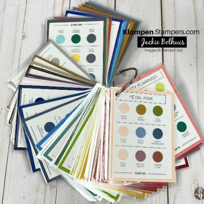 photo showing all 50 stampin up colors cut into 3x4 pieces and attached to a right