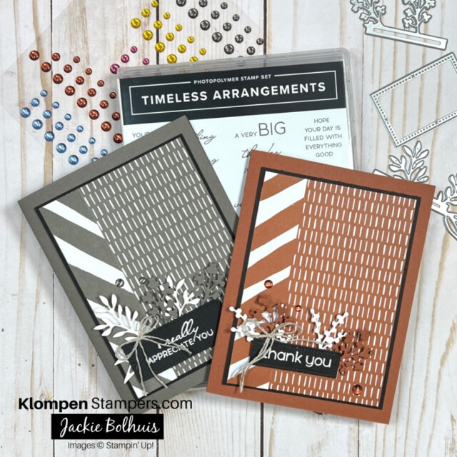 Timeless Arrangements coordinating stamps and dies shown with two handmade cards using these products