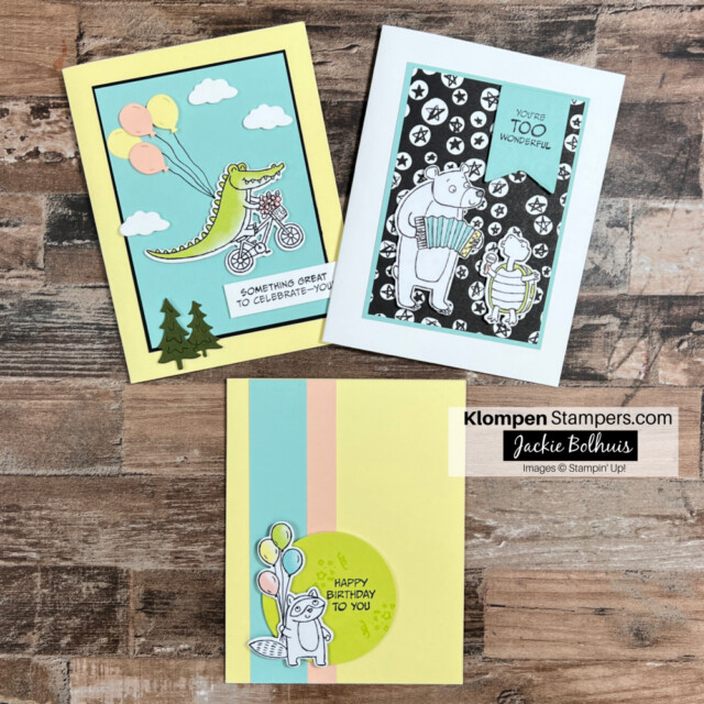 3 birthday cards for kids made using the zany zoo stamp set from Stampin' Up!