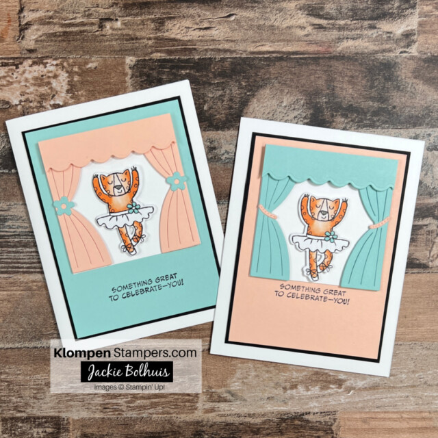 two birthday cards for kids made using the zoo crew designer series paper. They show a kitty cat dressed as a ballarina dancer on a stage
