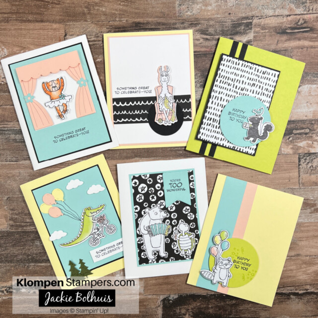 6 birthday cards for kids laying on a table.  All made using the zany crew suite of products from Stampin' Up!