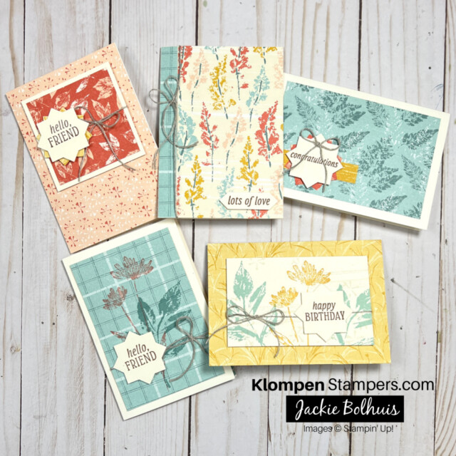 5 different simple notecard designs made using designer series paper and inked & tiled stamp set and punch