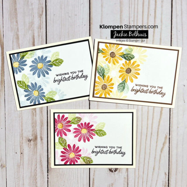 Three quick and easy cards created with the cheerful daisies stamp set. All three cards are the same design, but the color of the daisies is different. One card has blue daisies, another card has pink daisies, and the third card has yellow daisies.