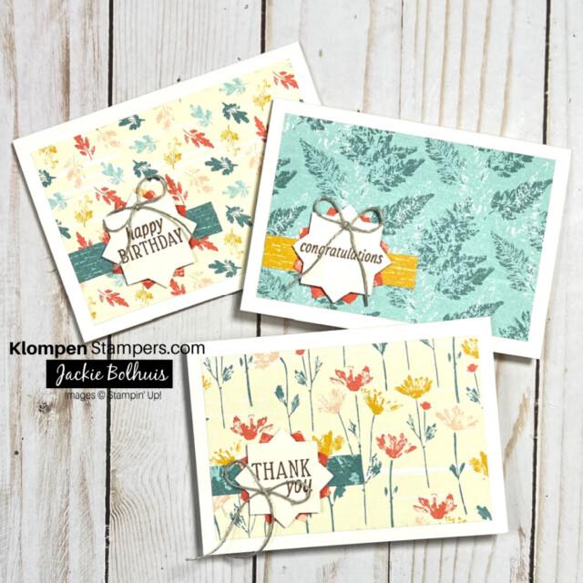 photo showing 3 different easy to make notecards using designer series paper and inked & tiled stamp set from Stampin' Up