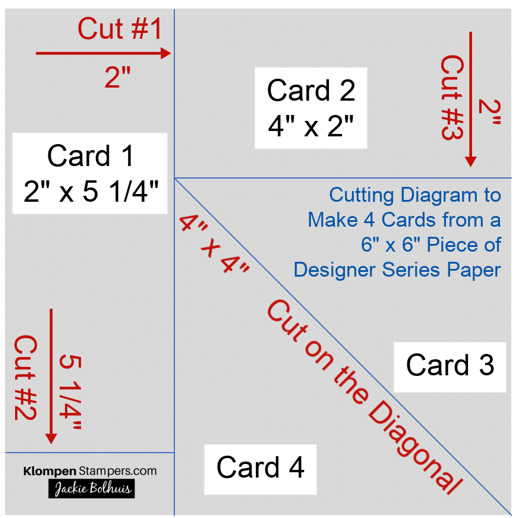 one sheet wonder cutting diagram to make 4 cards from a 6x6 piece of Designer Series Paper