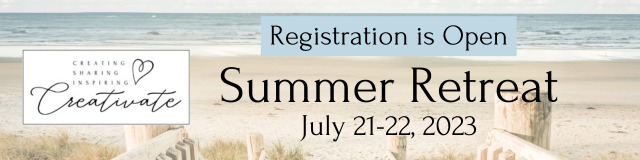 A creativate banner to show that registration is open for the creativate summer retreat. Image is a graphic of the beach and ocean, and reads "registration is open, summer retreat, July 21-22, 2023."