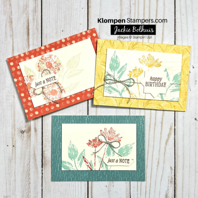 3 notecards showing a layout using stamps, ink, and paper

