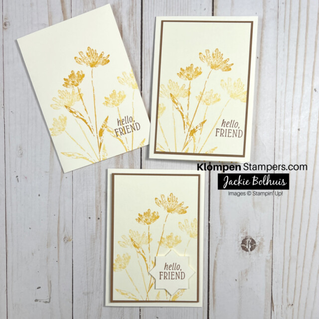 Three notecards showing how to step up a handmade card by adding some card stock layers and punched images. Each card is stamped the same, but a different layer of paper is added to give the card a different dimension.