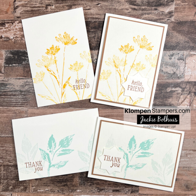 4 note cards made using inked & tiled stamp set from Stampin' Up! and 3 ink pads and notecards and envelopes