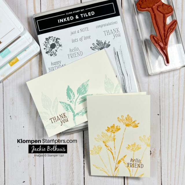 Two handmade cards made using the SIP method of stamping for card making beginners. One card reads thank you and the other card reads hello, friend. These cards are lying on the stamp set inked & tiled, which is the stamp set used for creating these greeting cards.