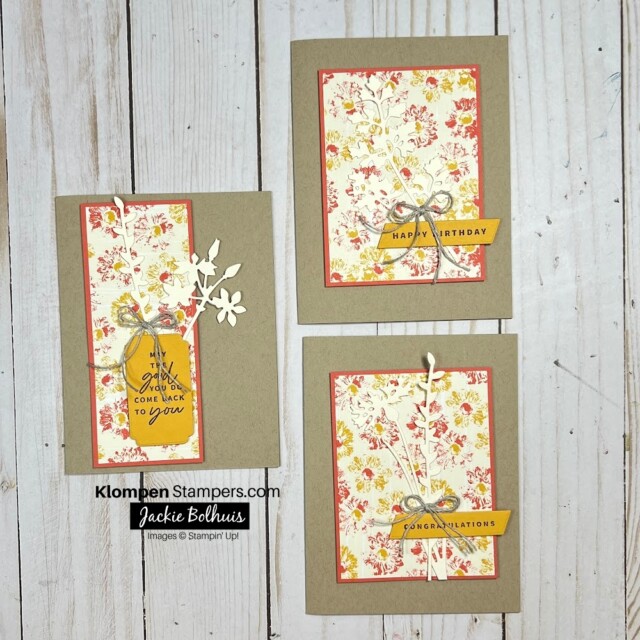 photo of 3 cards made using a one sheet wonder cutting diagram and Stampin' Up! card stock and Designer Series Paper