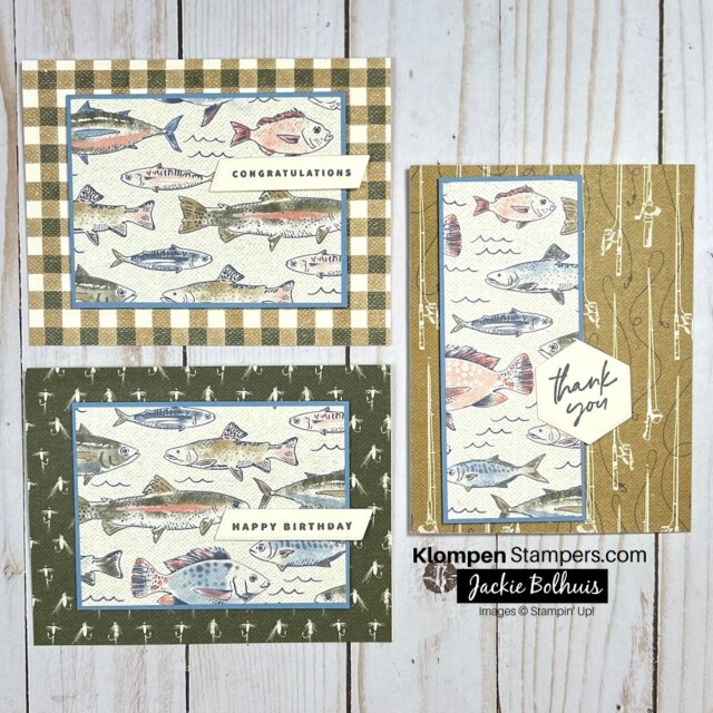 one sheet wonder for 3 cards made using let's go fishing designer series paper. photo shows 3 different cards made using the cutting diagram with a 6 x 6 piece of designer series paper