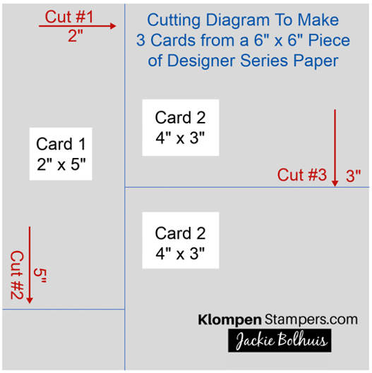 cutting diagram for a one sheet wonder for 3 cards. diagram shows how to cut a 6 x 6 piece of Designer Series Paper