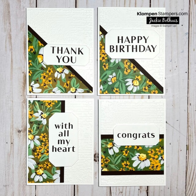 photo showing 4 cards made using Stampin' Up! Designer Series Paper and a One Sheet Wonder cutting diagram for cutting the card stock and paper