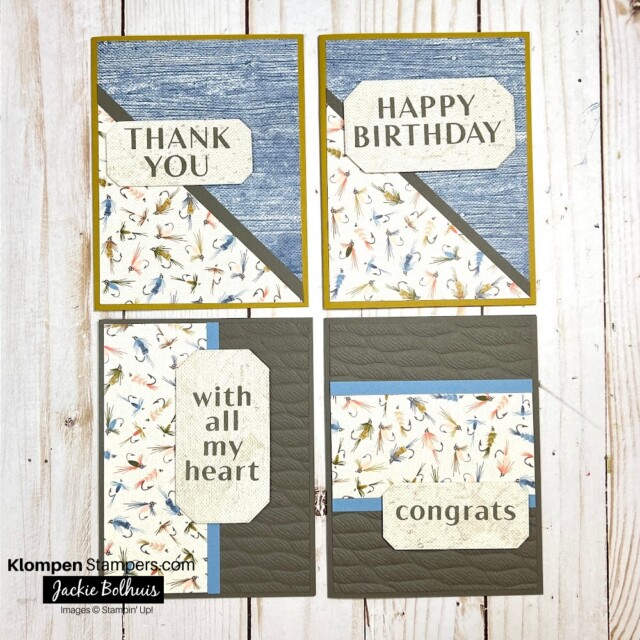 four cards made using a one sheet wonder cutting diagram and let's go fishing designer series paper