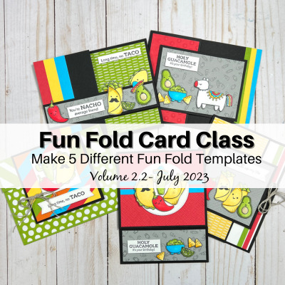 5 fun fold cards laying on table with words on top of the photo saying Fun Fold Card Class