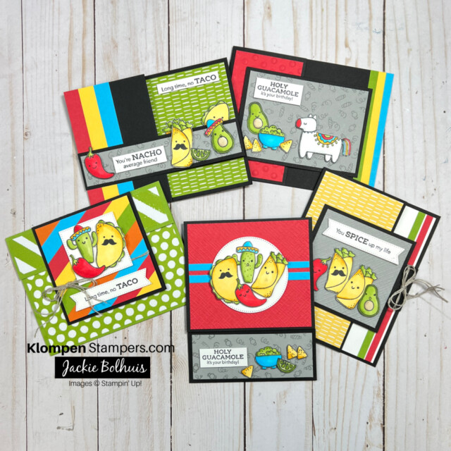 5 fun fold cards made using the Taco Fiesta stamp set from Stampin' Up! Cards are colored using Stampin' Blends alcohol markers and are for any occasion. all 5 fun fold cards are laying on a table.