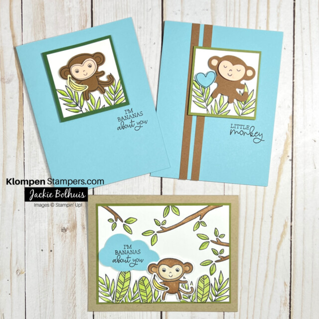 3 different hand made cards using the Little Monkeys stamp set, coordinating punch, and stampin' blends alcohol markers.