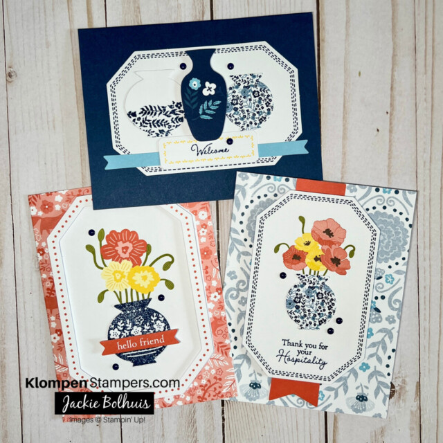 Three handmade greeting cards that were made from the June 2023 Paper Pumpkin, Stampin' Up!'s card making subscription box.