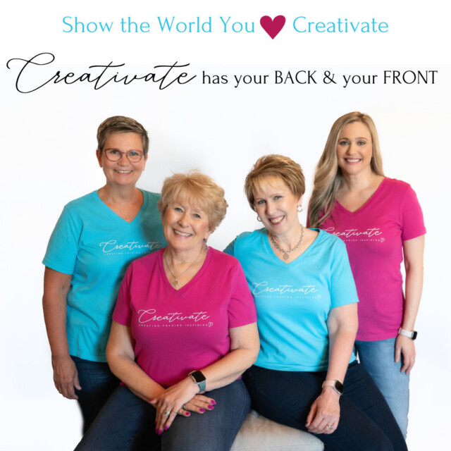 The creativate team (Jackie, Sharon, Connie, and Brandy) wearing turquoise and better Creativate t-shirts that are for sale for the creativate summer retreat.