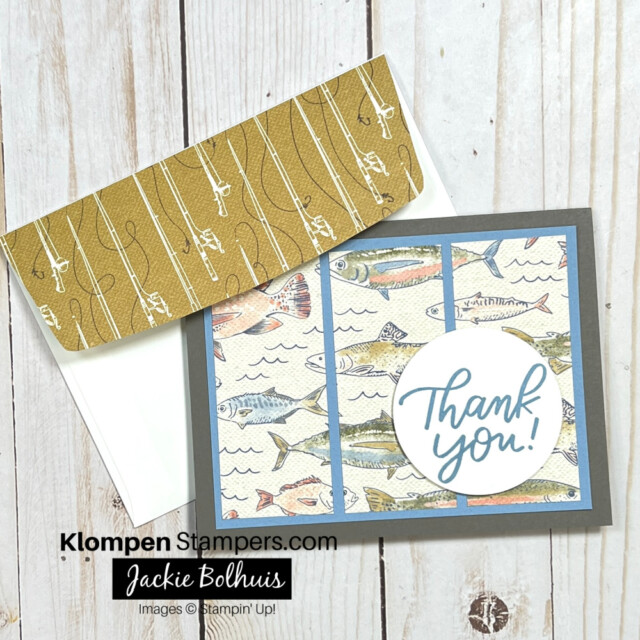 thank you card made using gone fishing designer series paper from stampin up. it's an easy card layout cutting a piece of DSP into 3 panels and then just adding the thank you sentiment