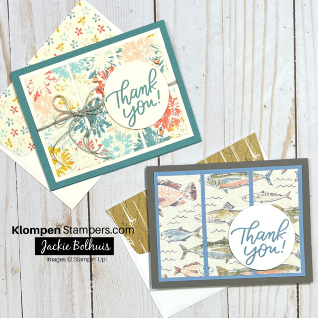 2 different cards made using different designer series paper but the same easy to make card sketch
