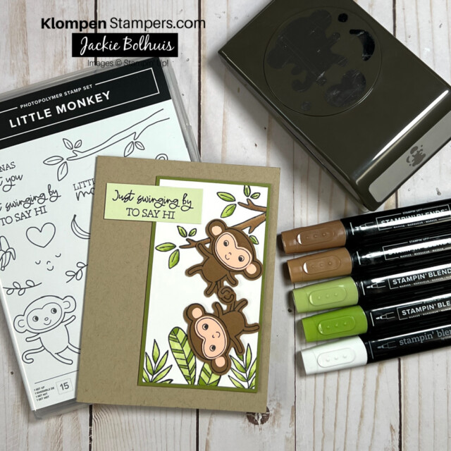 handmade greeting card using the Stampin' Up stamp set called Little Monkey (also shown in photo). Card has 2 monkeys swinging in a tree with the words "just swinging by to say hi) on the card. images are colored with Stampin' Blends
