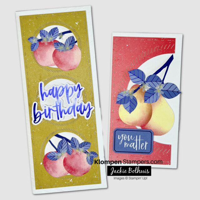 Two handmade greeting cards created with the stampin' up! card kit Blossom Wishes. Both cards are a slimline shape. One card is decorated with apples and says happy birthday, the other card is decorated with pears and says you matter.