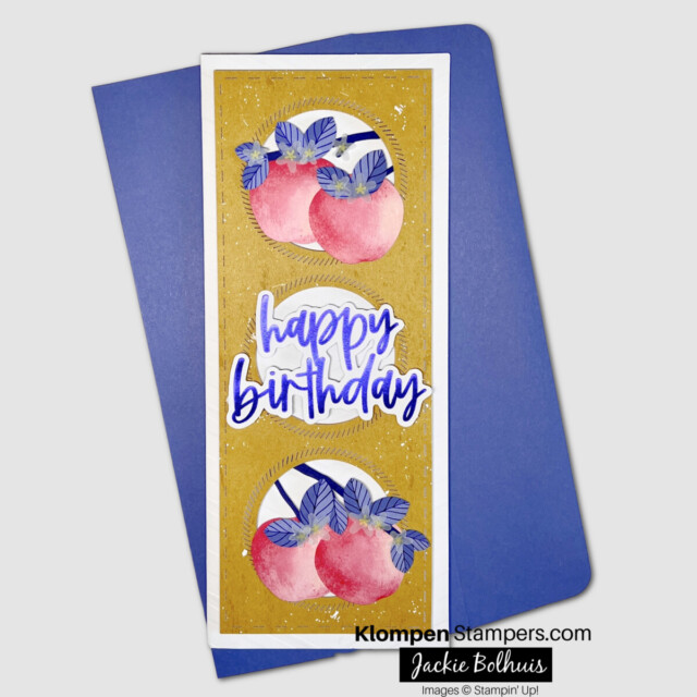 Slimline birthday card created with the blossom wishes card kit, designed with apples.