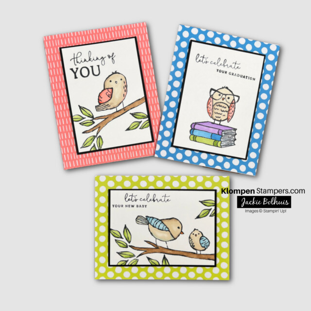3 hand made celebration cards using the Bird's Eye View stamp set and colored with STampin' Blends alcohol markers